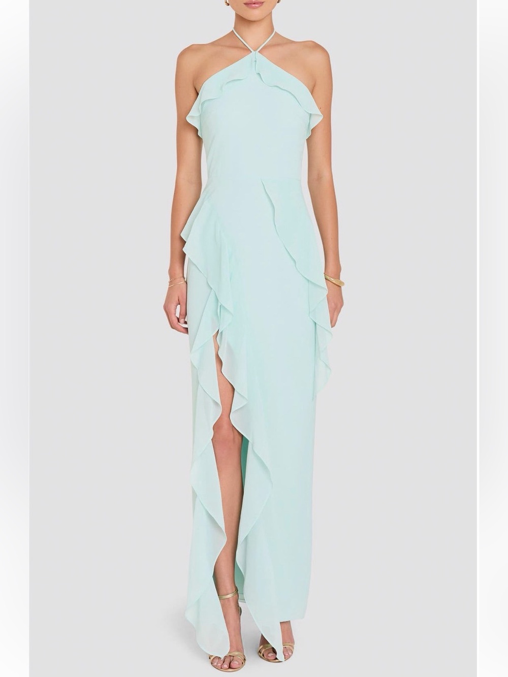 Amanda Uprichard Alessandria Halter Neck Ruffle Trim Gown
